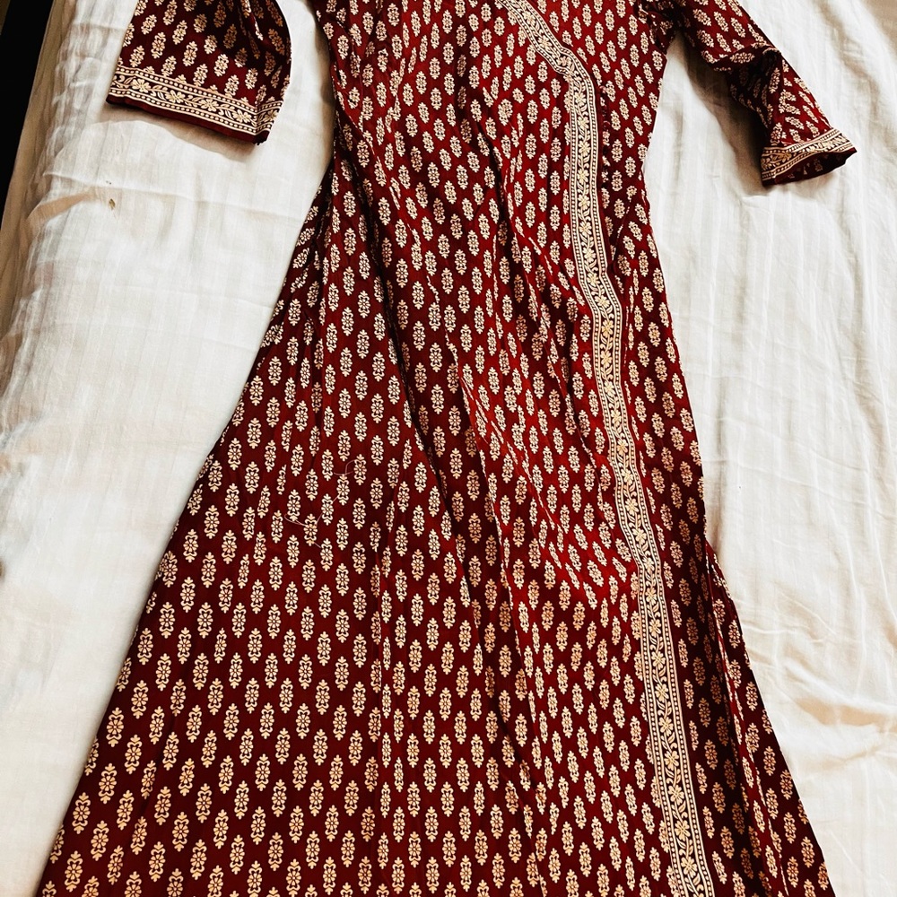 Indo Era Maroon & Beige Printed Anghrakha Kurta with Plazzos & Dupatta - Picture 6 of 14